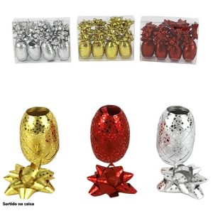 4 Rolos de Fita para Laços 5mm 10m e 12 Laços – Sortido (Dourado, Vermelho e Prateado)