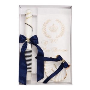 Kit / Conjunto Batismo (Vela Quadrada Decorada, Toalha e Concha) – Azul Escuro