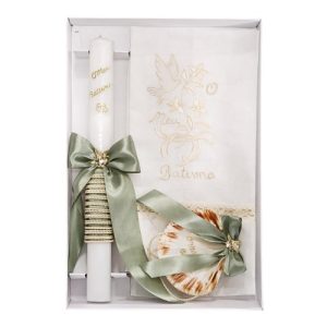 Kit / Conjunto Batismo (Vela Quadrada Decorada, Toalha e Concha) – Verde Pastel