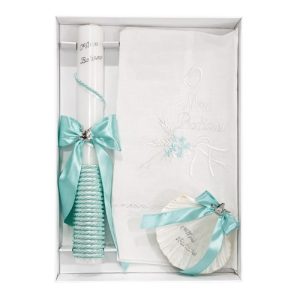 Kit / Conjunto Batismo (Vela Redonda Decorada, Toalha e Concha) – Turquesa